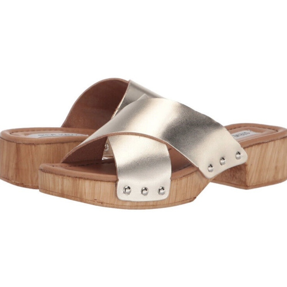Steve Madden Tan and Brown Mules with Wooden Platform